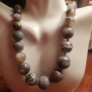Sterling Silver Faceted Agate Large Bead Necklace
